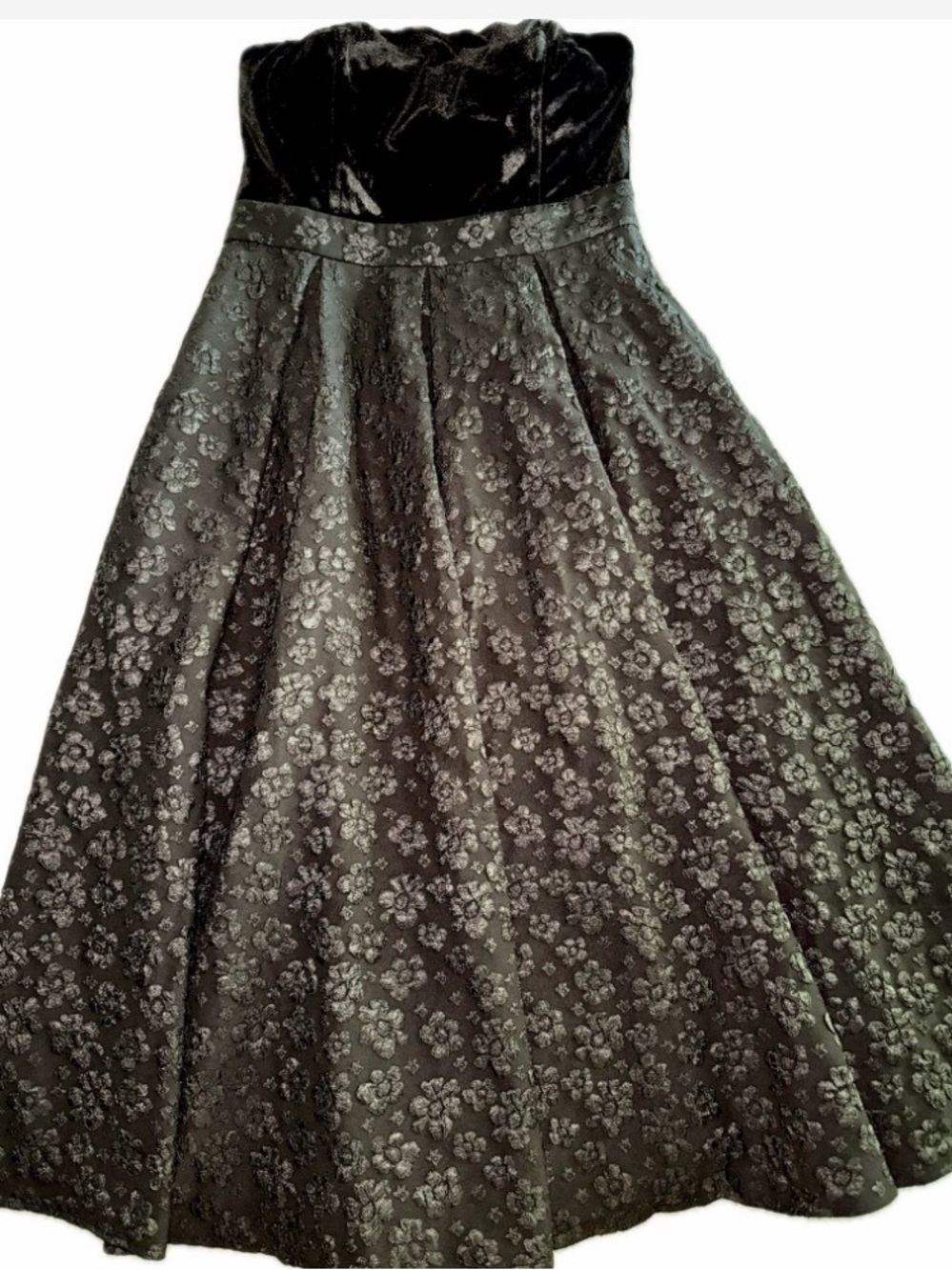 NWT Strapless Black Velvet & Floral Jacquard Midi Dress A-Line Skirt